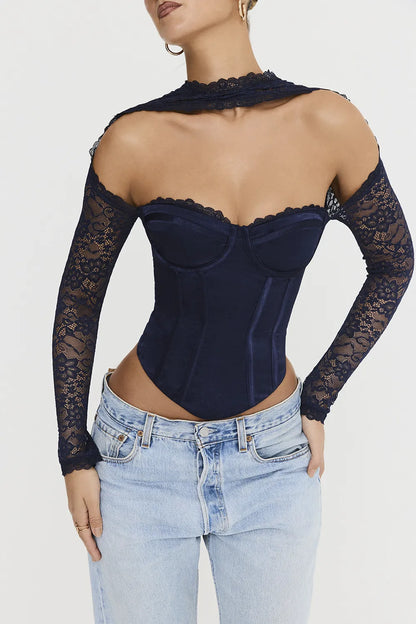 Mistress Rocks Navy Satin & Lace Corset - SALE