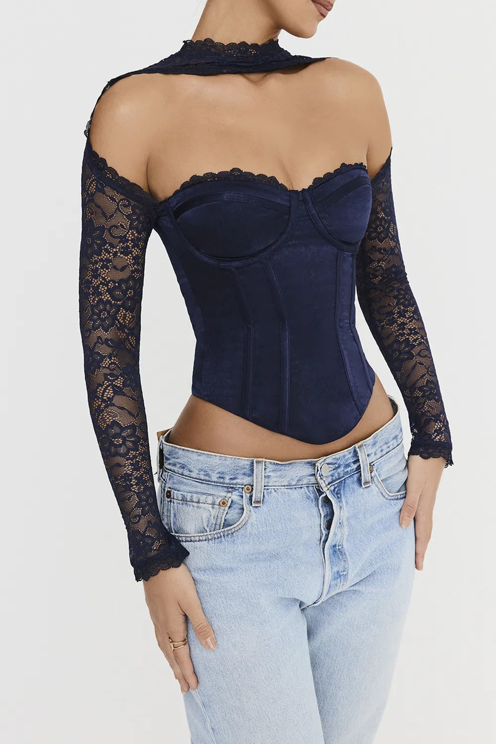 Mistress Rocks Navy Satin & Lace Corset - SALE