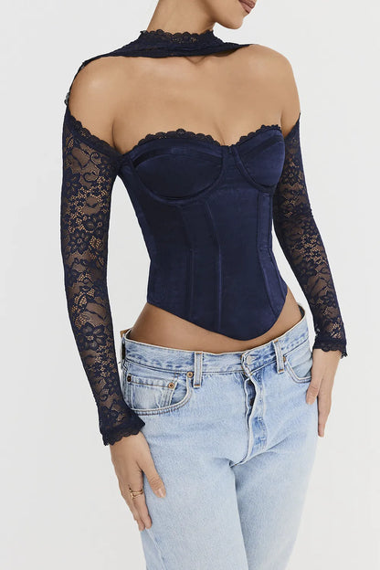 Mistress Rocks Navy Satin & Lace Corset - SALE