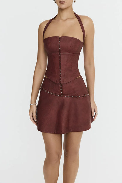 Mistress Rocks Cherry Vegan Leather Halter Corset Top - SALE