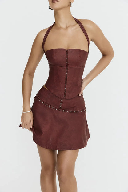 Mistress Rocks Cherry Vegan Leather Halter Corset Top - SALE
