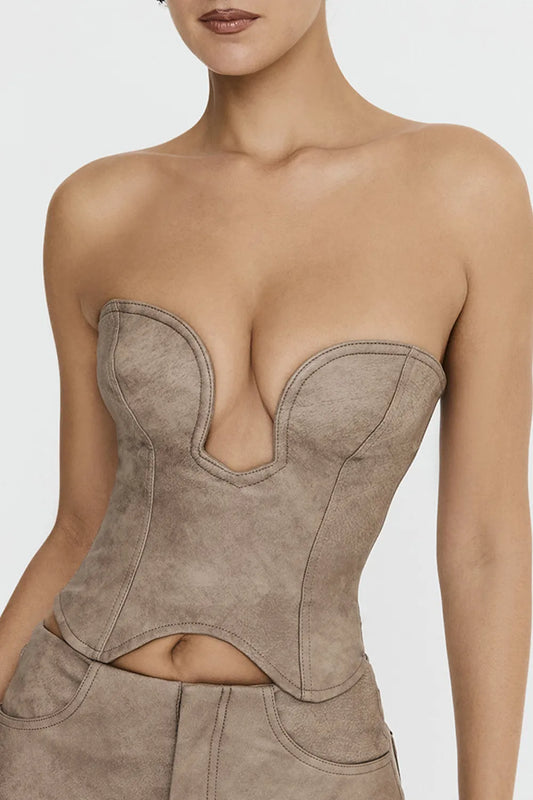Mistress Rocks Mocha Vegan leather Strapless Corset - SALE