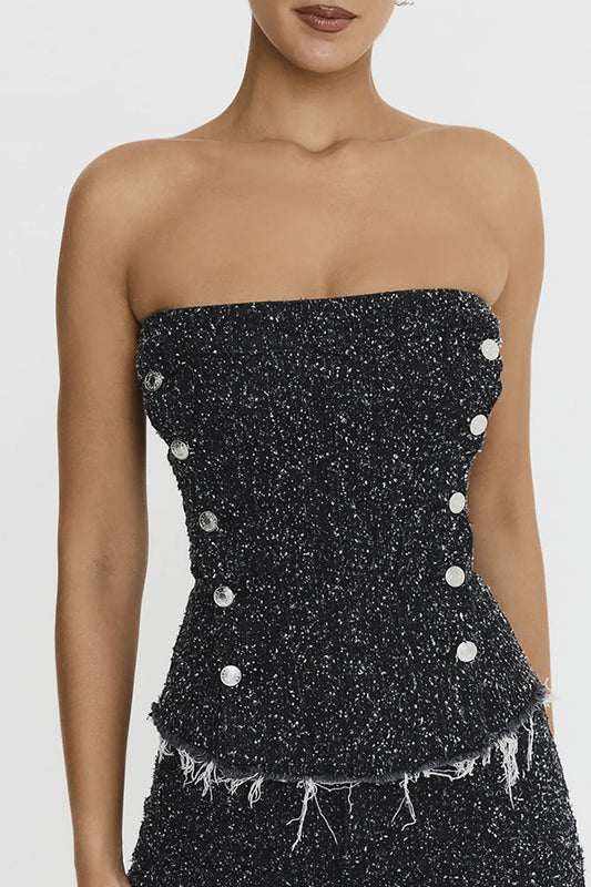 Mistress Rocks Distressed Black Denim Strapless Top - SALE