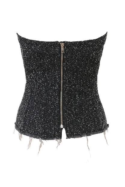 Mistress Rocks Distressed Black Denim Strapless Top - SALE
