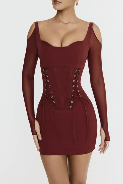 Mistress Rocks Dark Cherry Lace Up Corset Mini Dress - SALE
