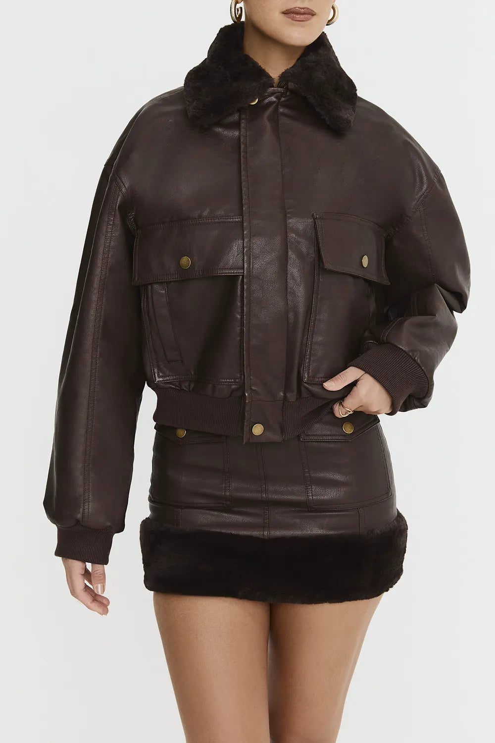 Mistress Rocks Chocolate Faux Fur Trimmed Vegan Leather Jacket - SALE