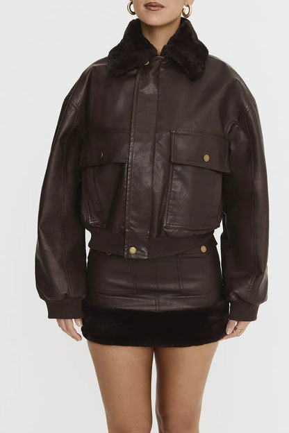 Mistress Rocks Chocolate Faux Fur Trimmed Vegan Leather Jacket - SALE