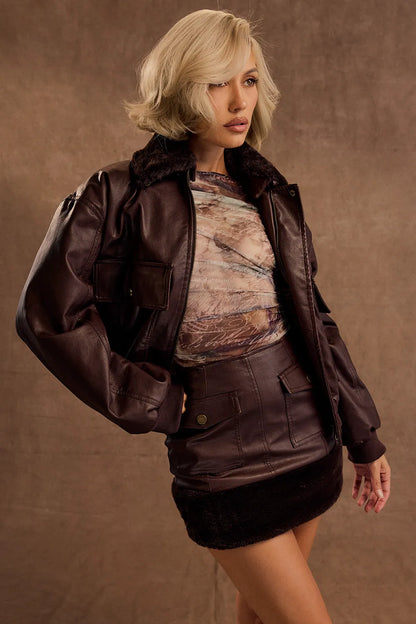 Mistress Rocks Chocolate Faux Fur Trimmed Vegan Leather Jacket - SALE