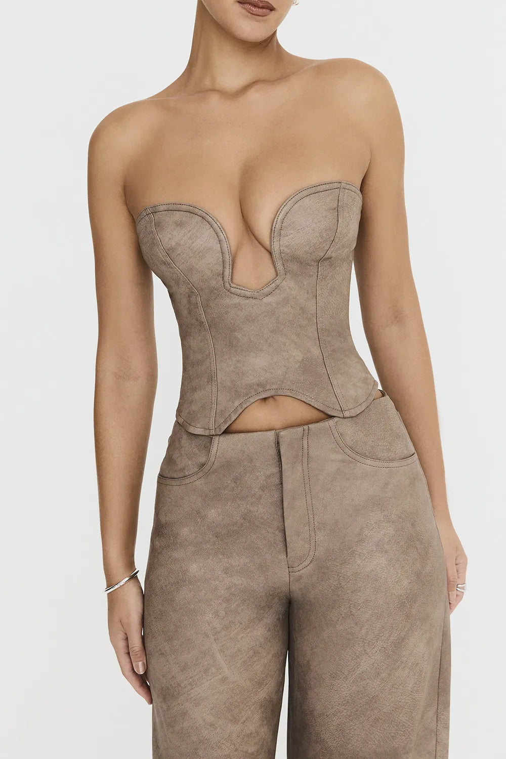 Mistress Rocks Mocha Vegan leather Strapless Corset - SALE