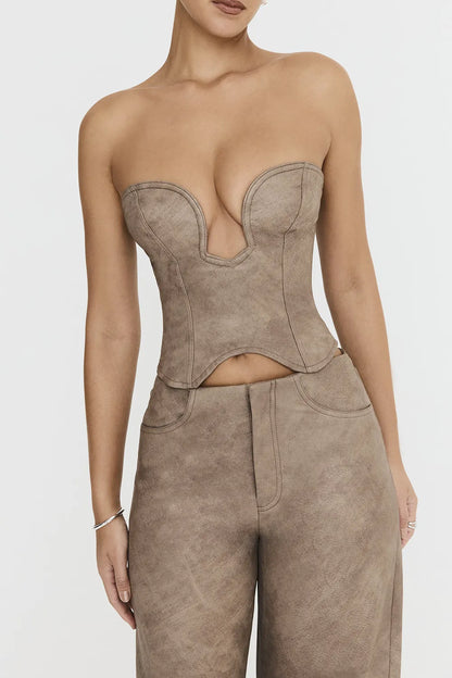 Mistress Rocks Mocha Vegan leather Strapless Corset - SALE