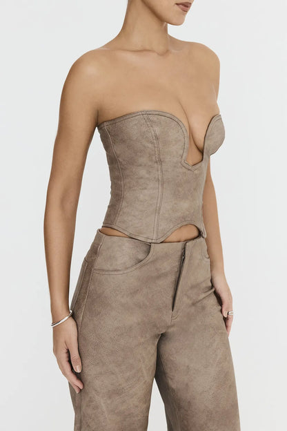 Mistress Rocks Mocha Vegan leather Strapless Corset - SALE