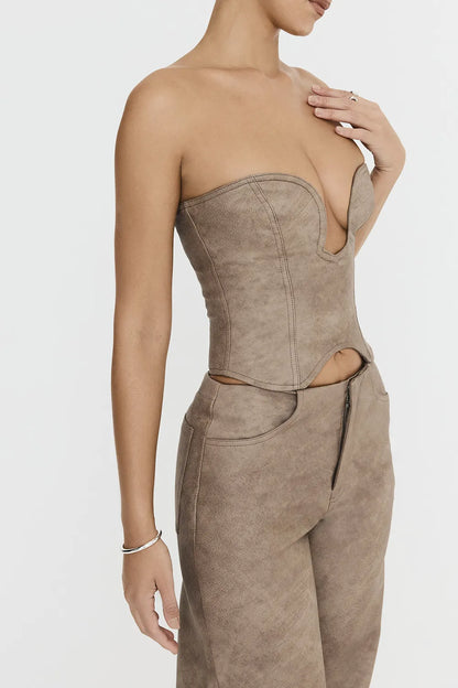 Mistress Rocks Mocha Vegan leather Strapless Corset - SALE
