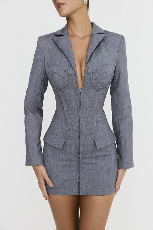 Mistress Rocks Dove Grey Corset Blazer Mini Dress - SALE