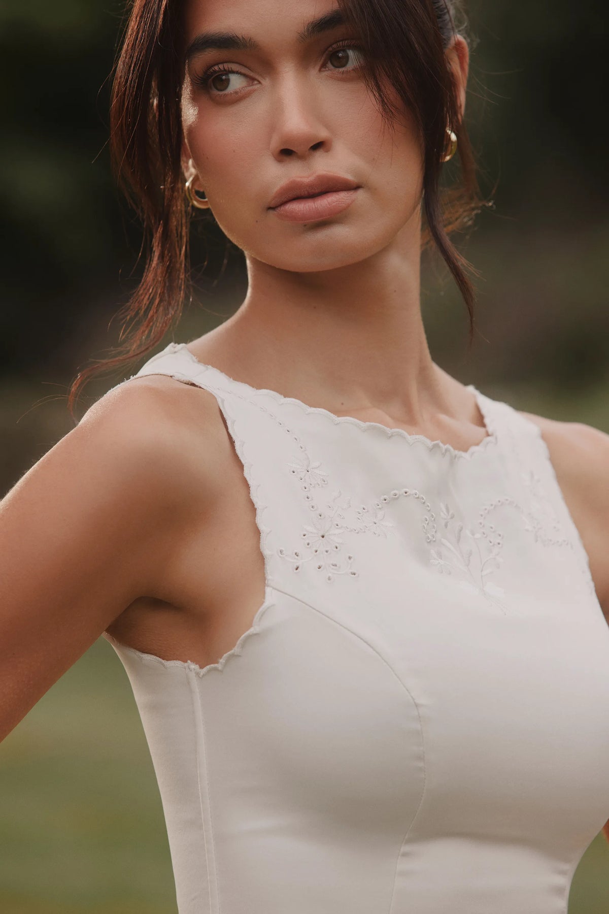 Alyssia White Satin Hand Embroidered Midi Dress