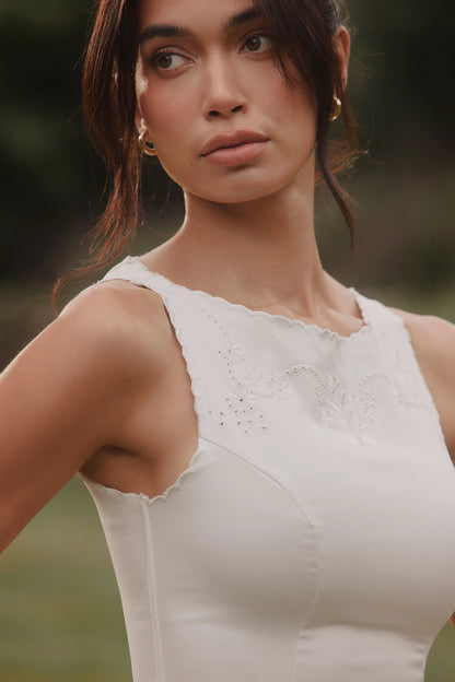 Alyssia White Satin Hand Embroidered Midi Dress