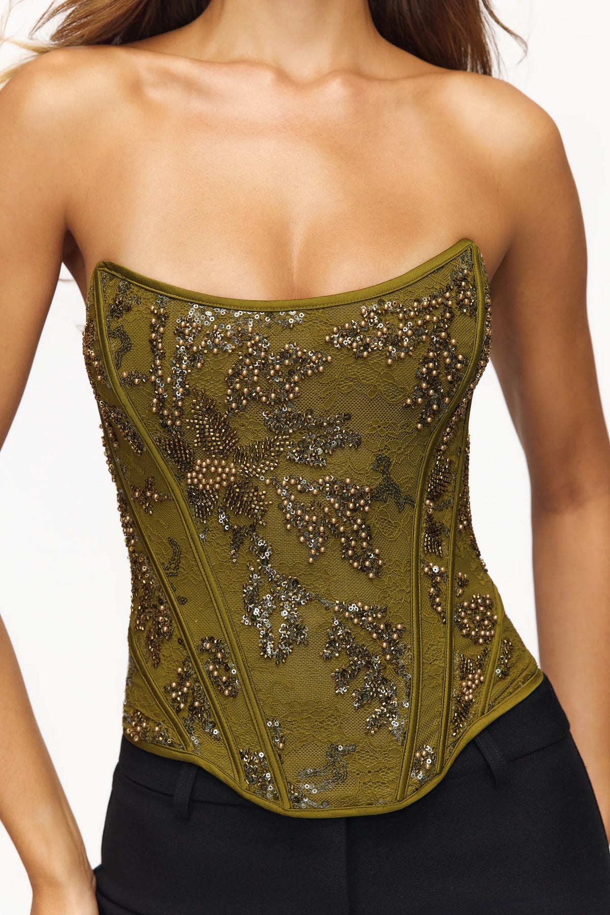 Calliope Olive Embellished Lace Corset Top