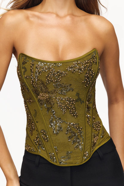 Calliope Olive Embellished Lace Corset Top