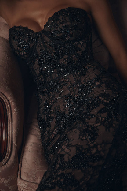 Lucelle Black Heavily Beaded Embellished Lace Maxi Dress - Limited Edition