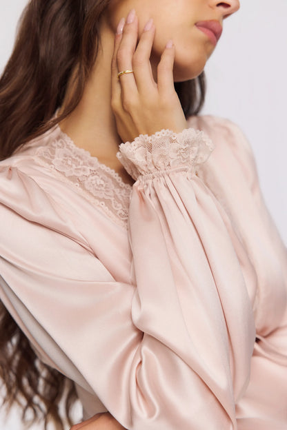 Luciana Pink Real Silk Long Sleeve Lace Trim Top