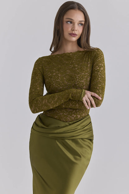 Yasmeen Olive Lace + Satin Long Sleeved Maxi Dress