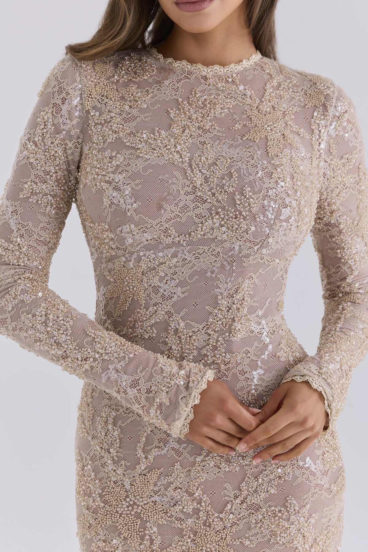 Aurielle Champagne Lace Embellished Backless Mini Dress