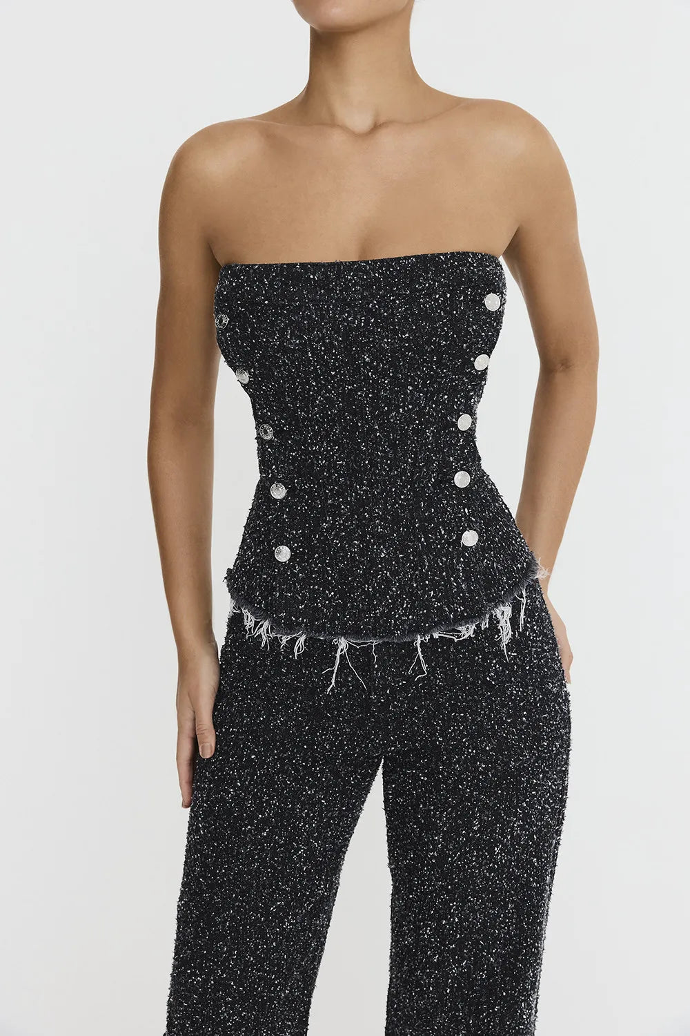 Mistress Rocks Distressed Black Denim Strapless Top - SALE