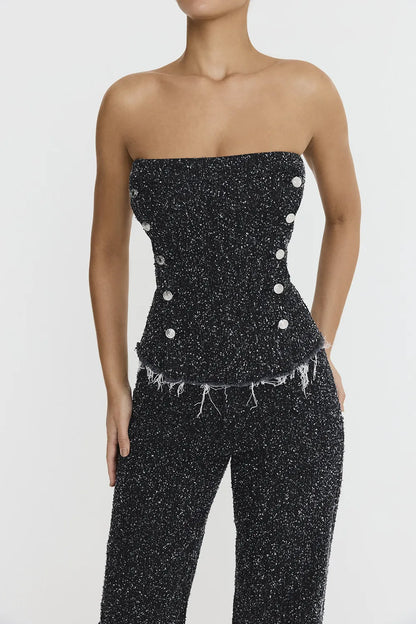 Mistress Rocks Distressed Black Denim Strapless Top - SALE