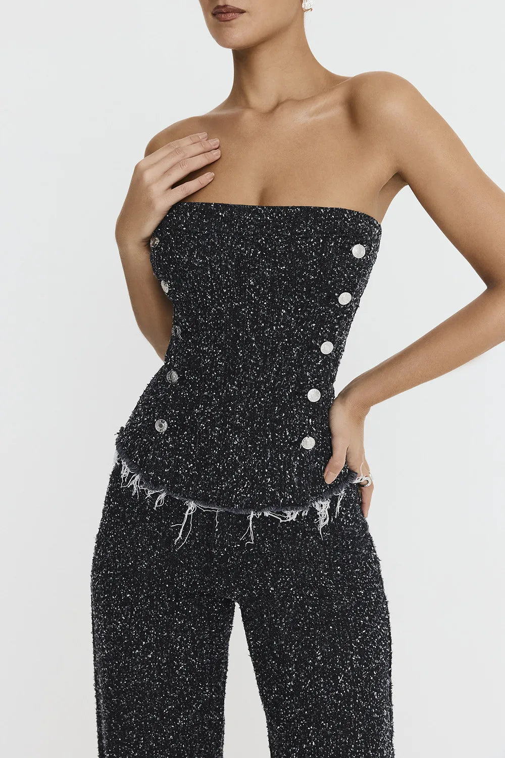 Mistress Rocks Distressed Black Denim Strapless Top - SALE