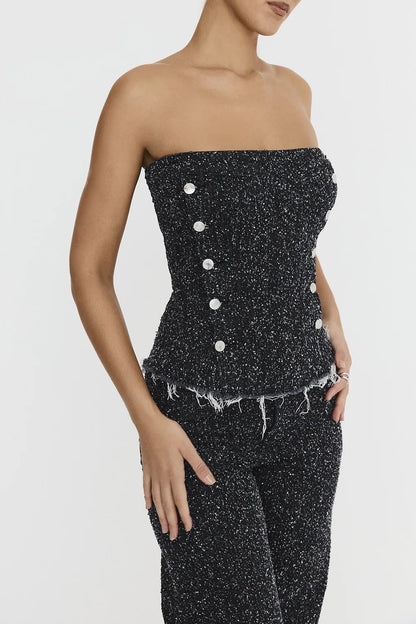 Mistress Rocks Distressed Black Denim Strapless Top - SALE