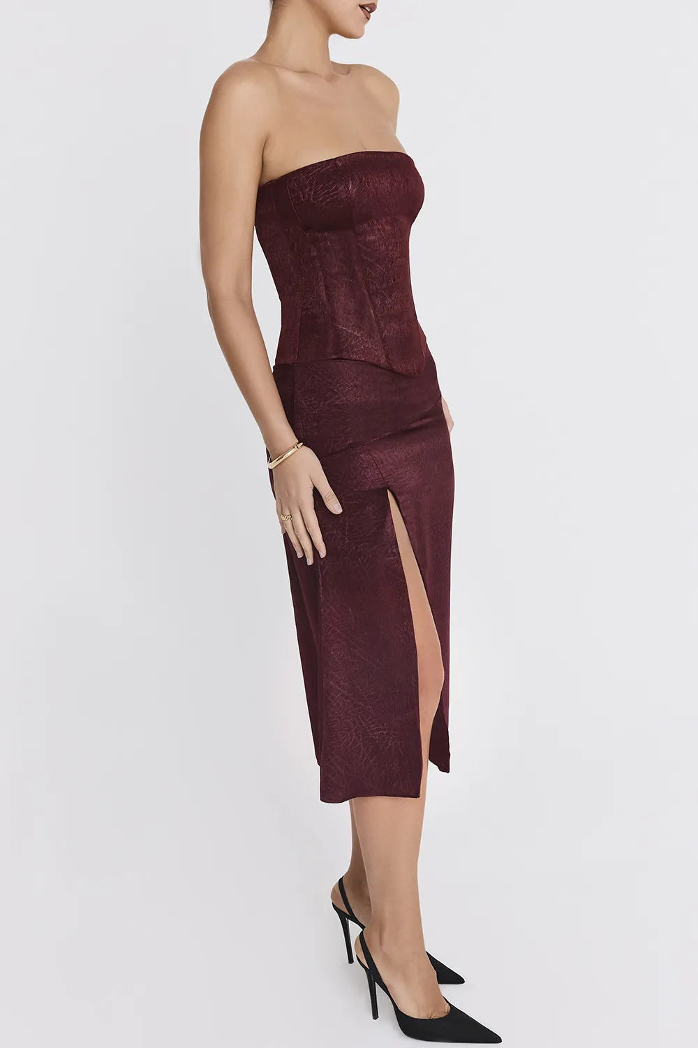 Mistress Rocks Dark Cherry High Split Midi Skirt - SALE