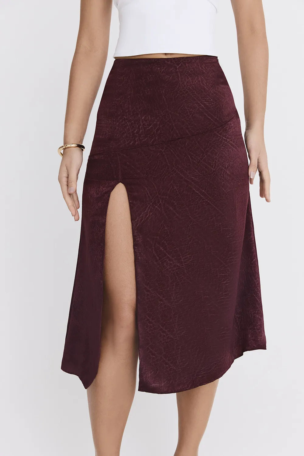 Mistress Rocks Dark Cherry High Split Midi Skirt - SALE