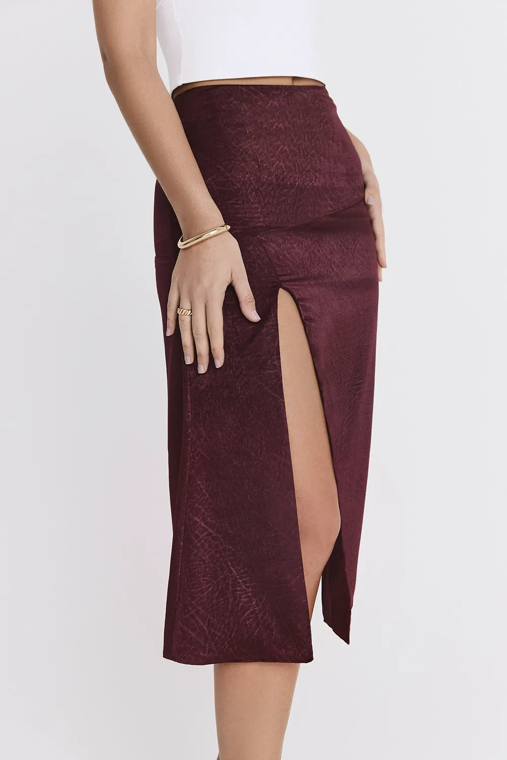 Mistress Rocks Dark Cherry High Split Midi Skirt - SALE