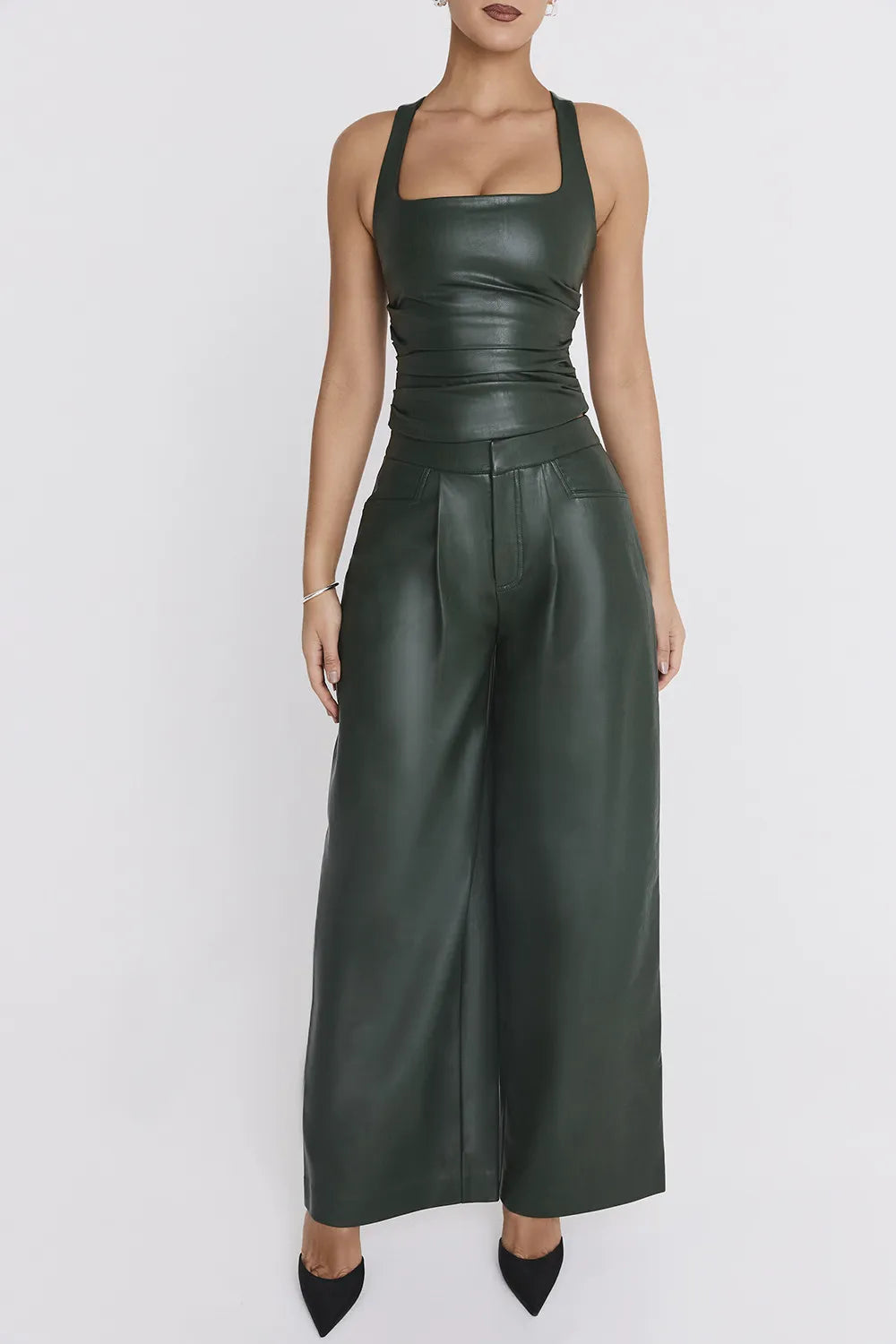 Mistress Rocks Evergreen Vegan Leather Darted Trousers - SALE