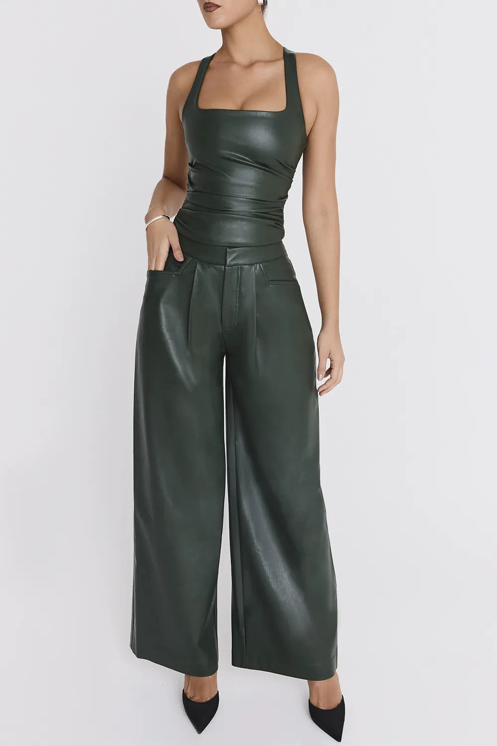 Mistress Rocks Evergreen Vegan Leather Gathered Top - SALE