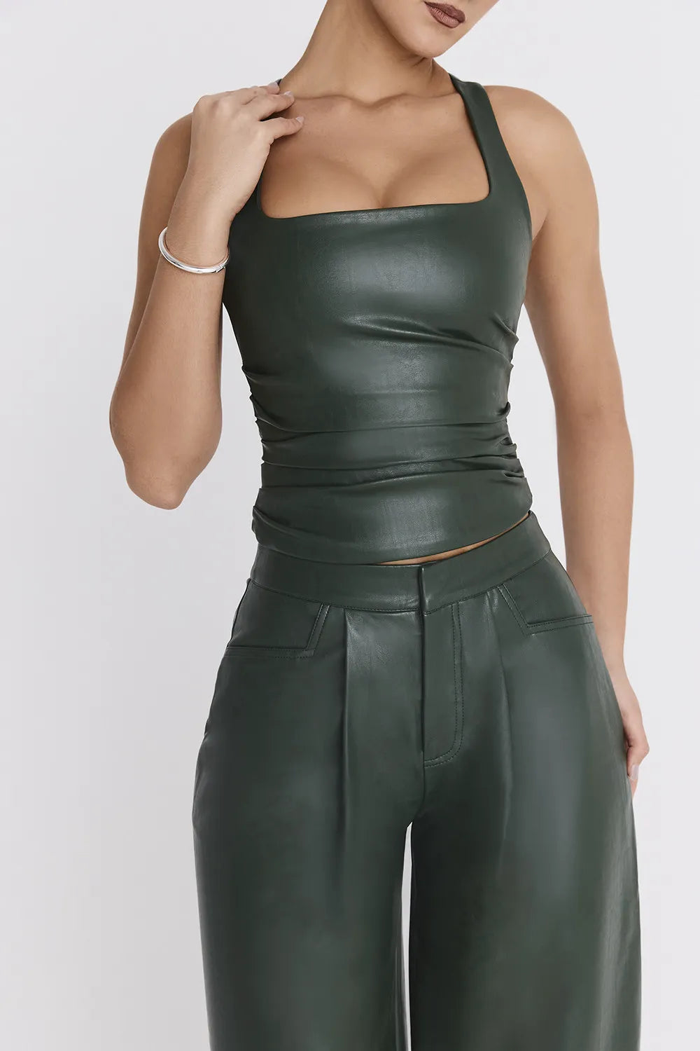 Mistress Rocks Evergreen Vegan Leather Gathered Top - SALE