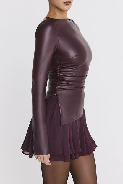 Mistress Rocks Dark Plum Vegan Leather Long Sleeve Top - SALE