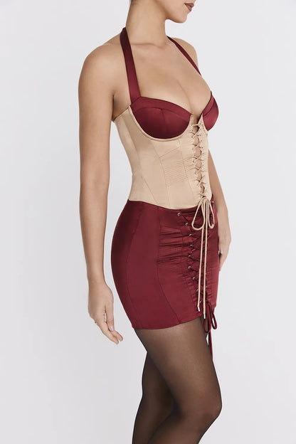 Mistress Rocks Dark Cherry & Biscuit Lace Up Corset Mini Dress - SALE
