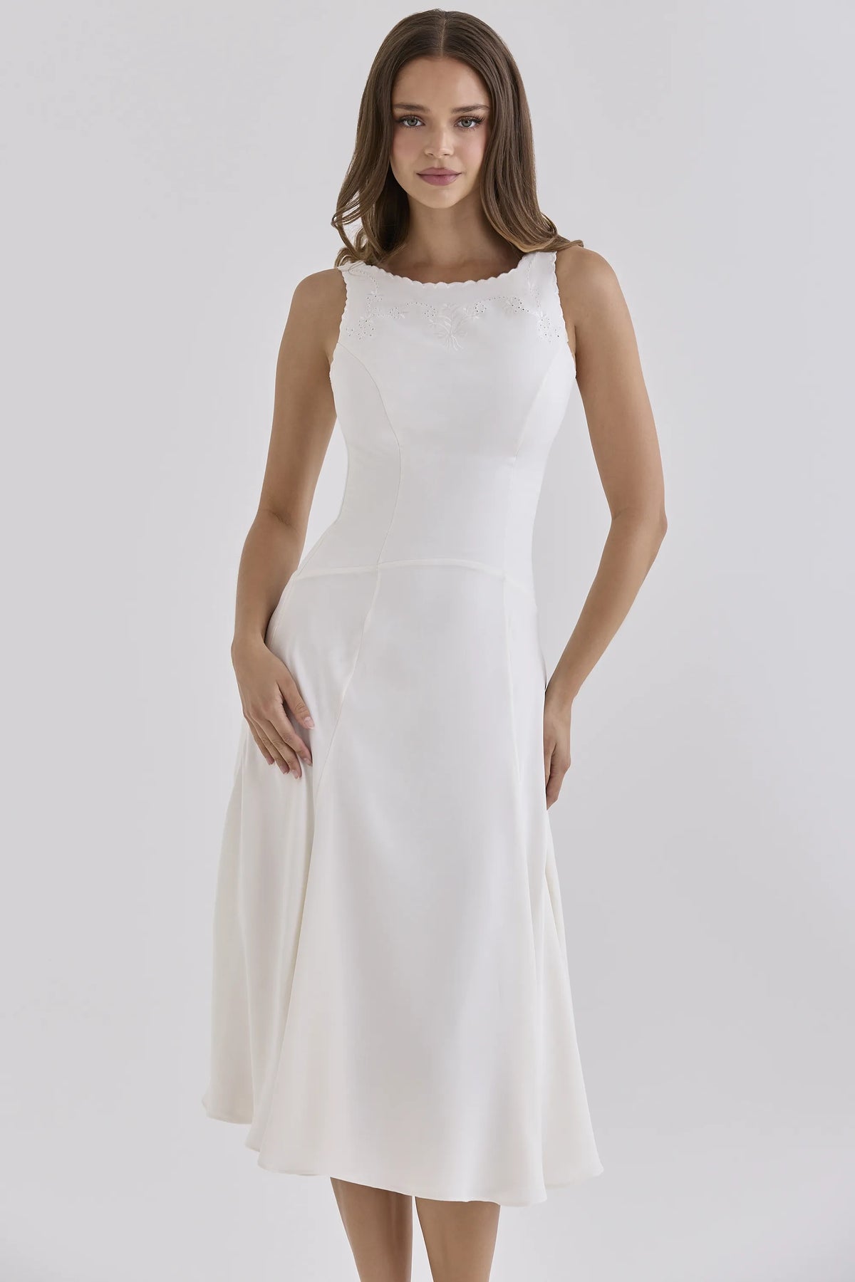 Alyssia White Satin Hand Embroidered Midi Dress