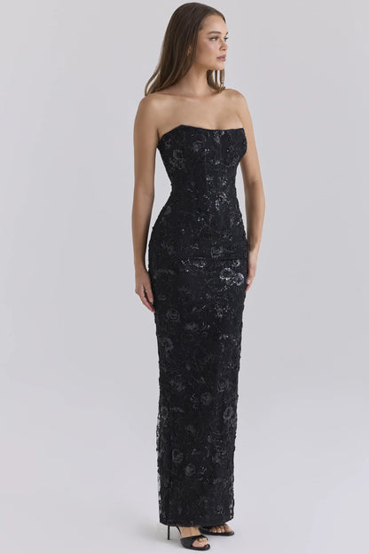 Anisa Black Hand Beaded Embellished Strapless Maxi Dress