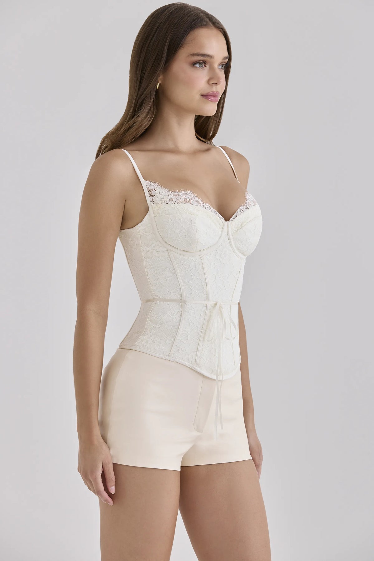 Audrina Ivory Lace Corset Top With Ribbon Waist Tie