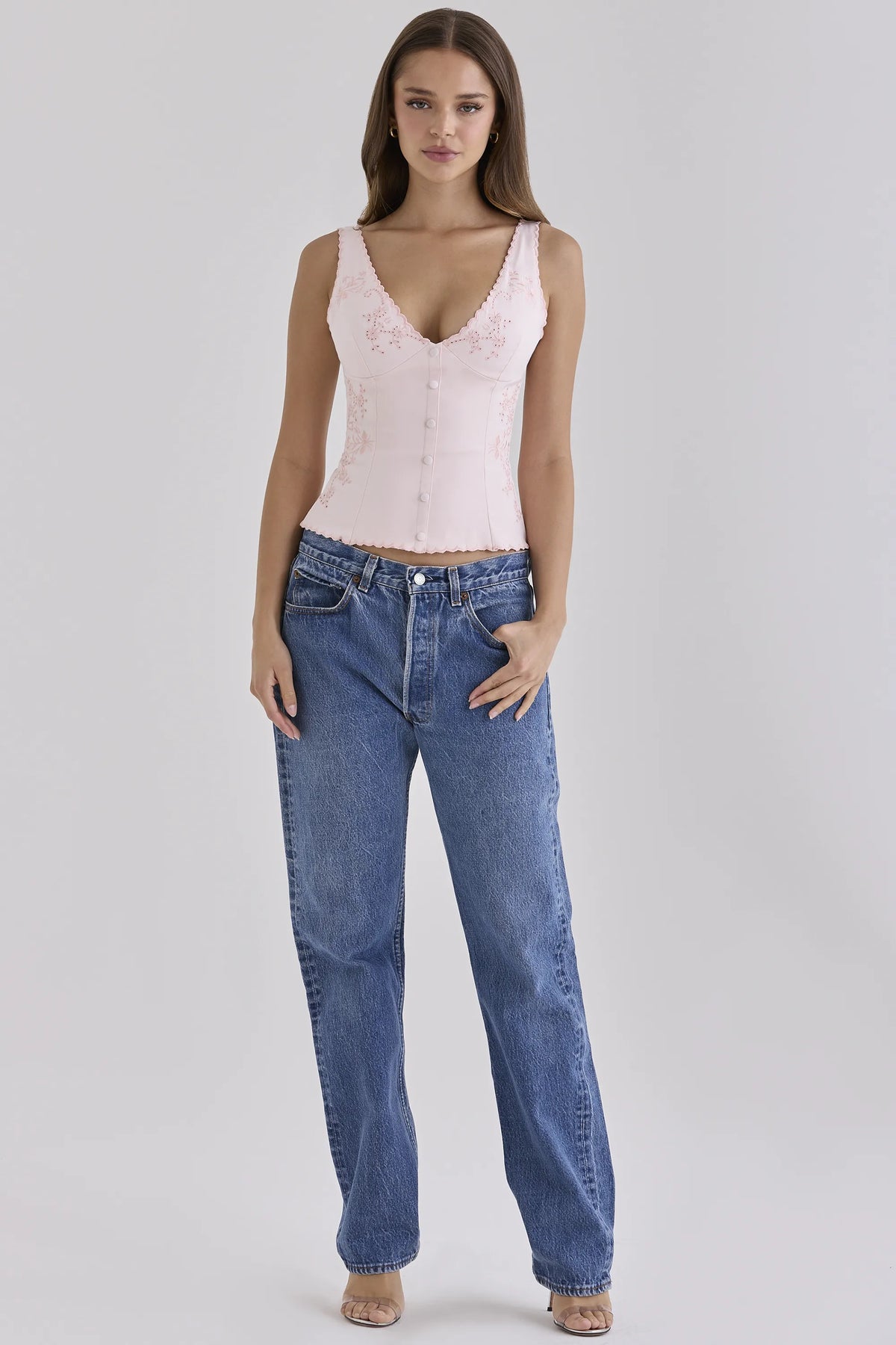 Sophine Pink Satin Custom Embroidered V-Neck Top - Limited Edition