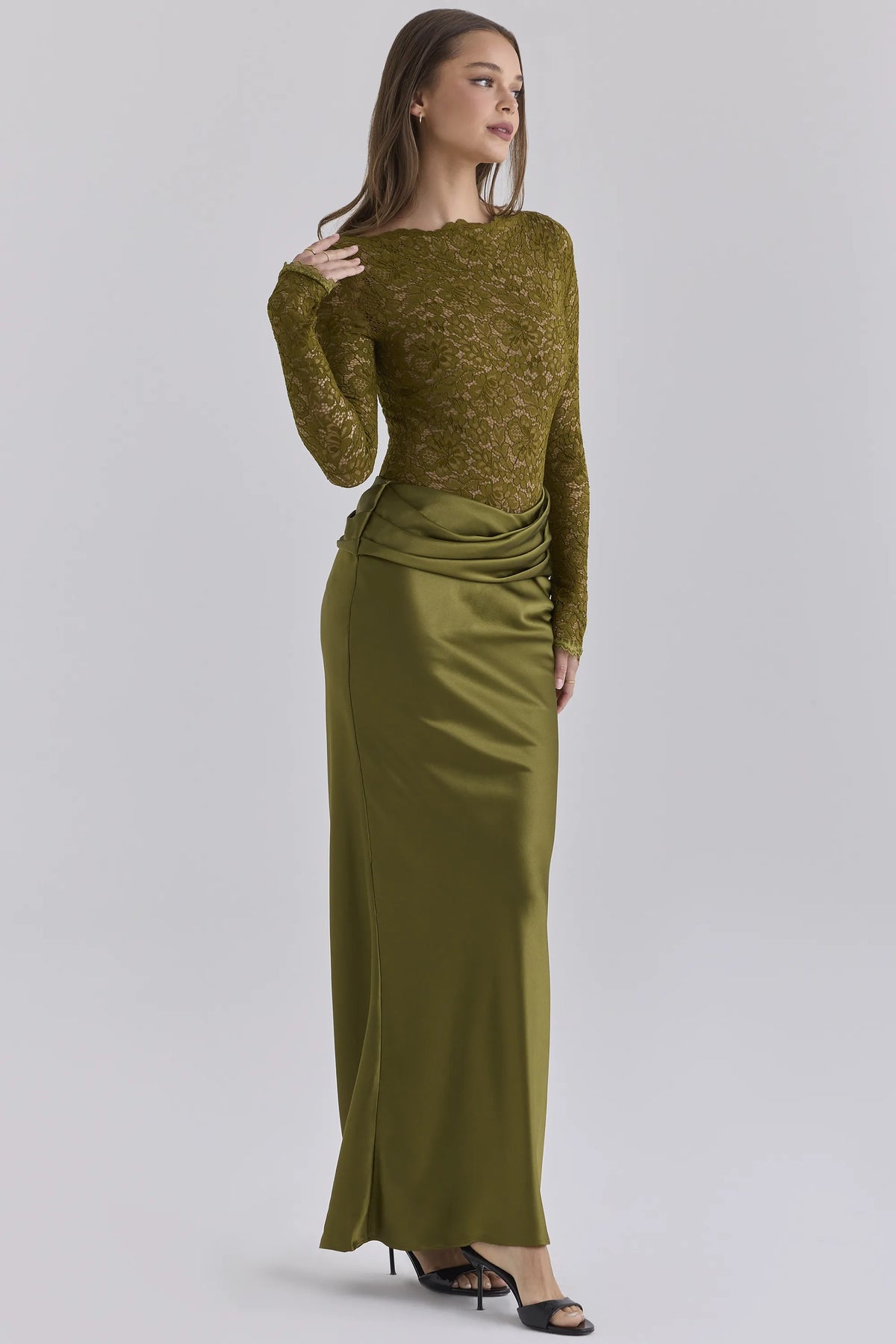 Yasmeen Olive Lace + Satin Long Sleeved Maxi Dress