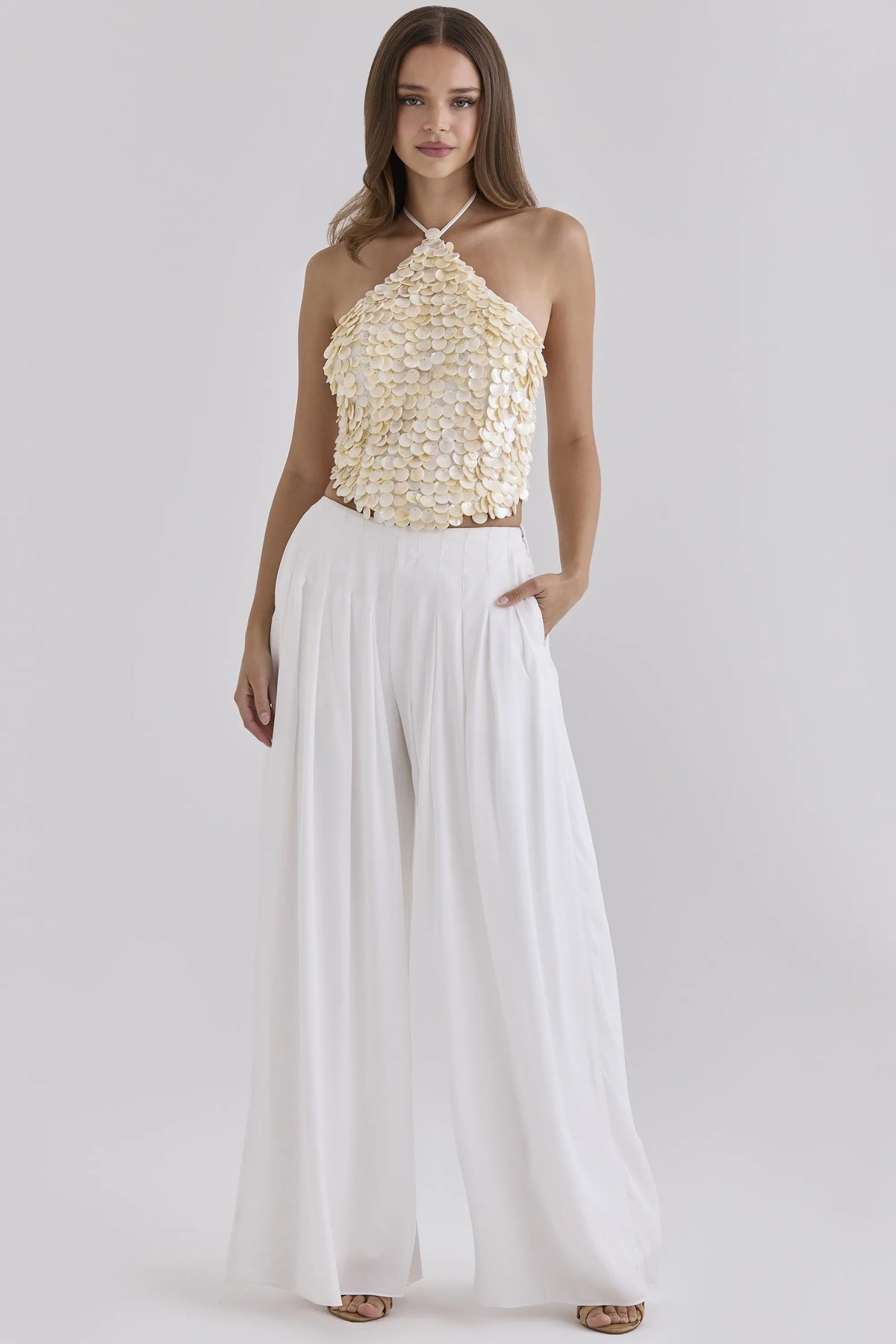 Zina Ivory Georgette Hand Beaded Shell Embellished Halter Neck Top - Limited Edition
