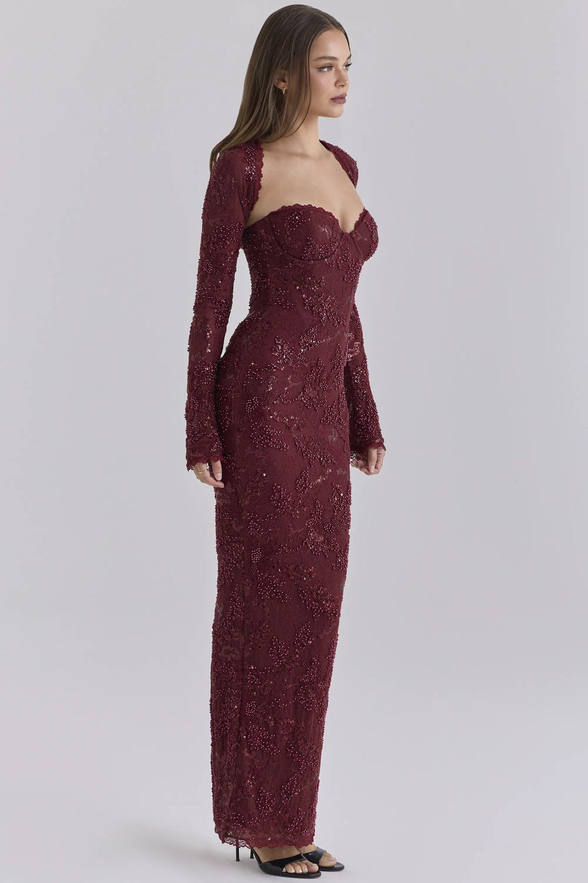 Lucelle Cabernet Embellished Lace Maxi Dress - Limited Edition