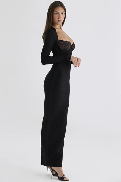 The Demi Black Lace Trimmed Long Sleeve Bandage Maxi Dress