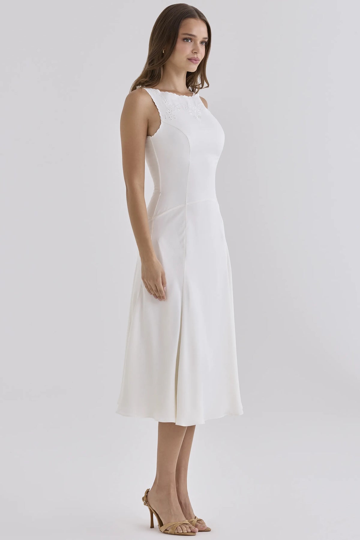 Alyssia White Satin Hand Embroidered Midi Dress