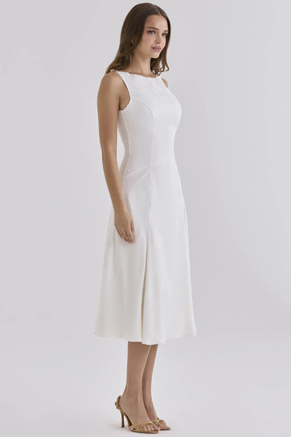 Alyssia White Satin Hand Embroidered Midi Dress