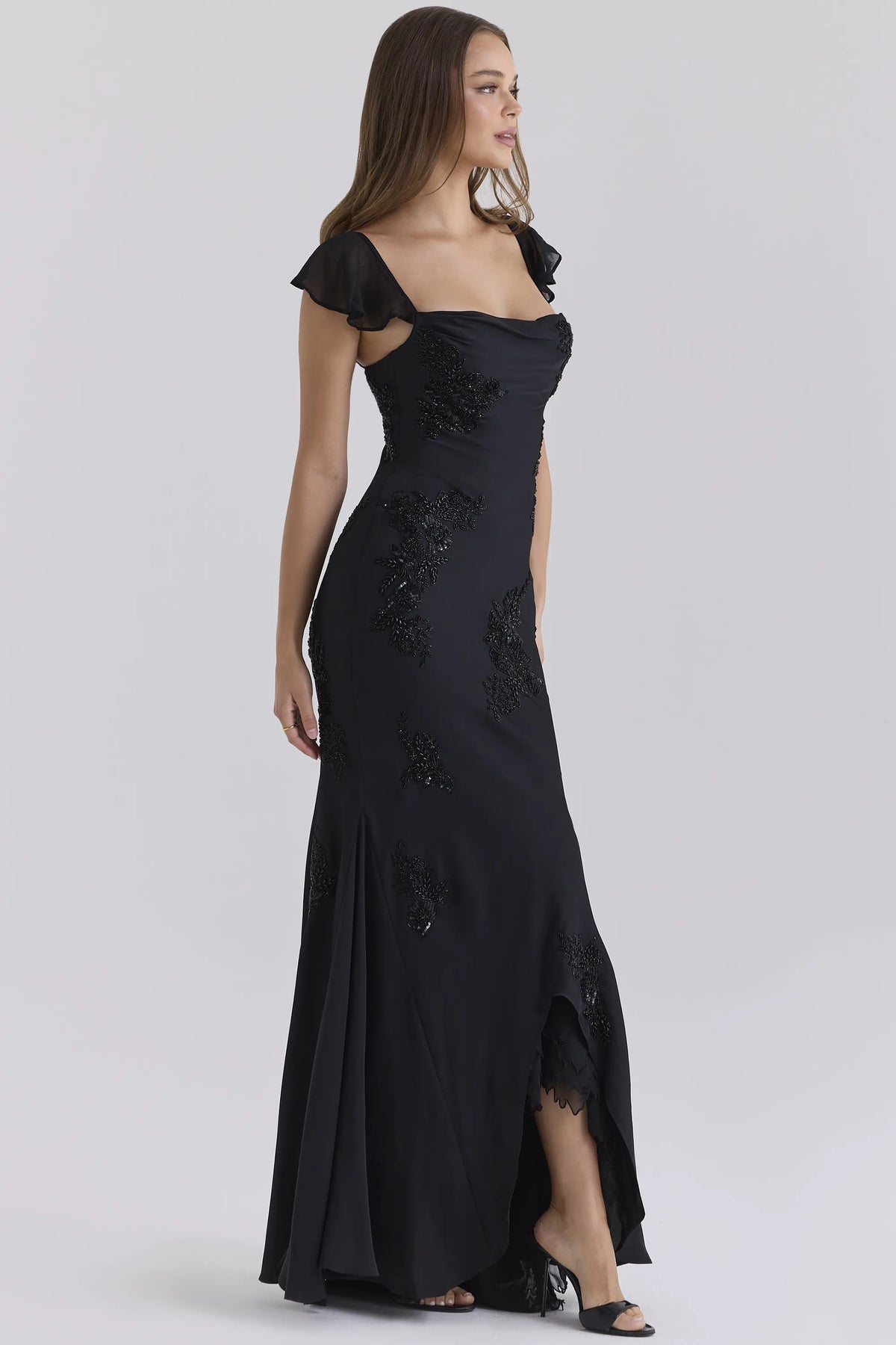 Arabella Black Satin Custom Hand Embellished Beaded Maxi Gown - Limited Edition