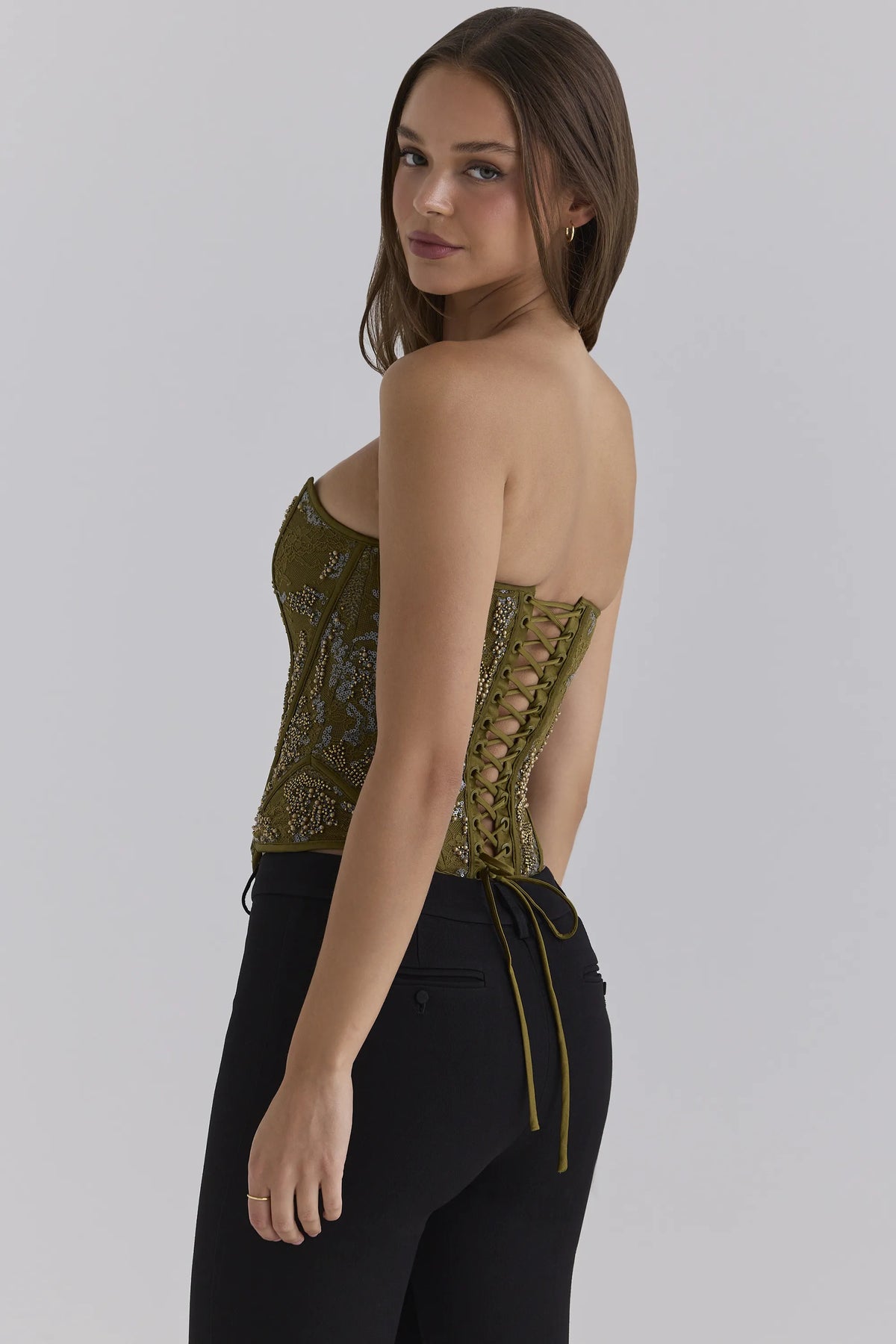 Calliope Olive Embellished Lace Corset Top