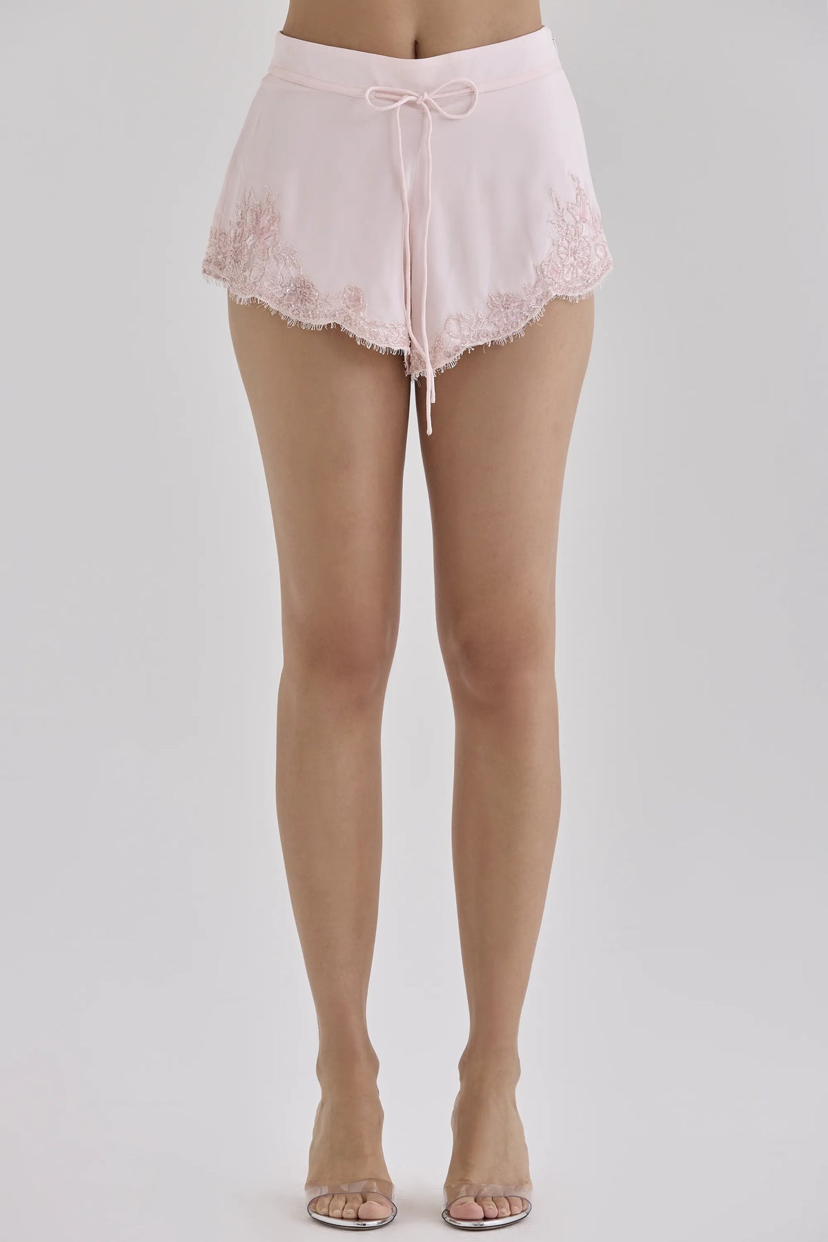 Faye Crystal Pink Satin Custom Hand Beaded Embellished Lace Trim Mini Shorts